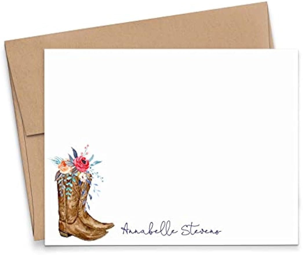 Cowboy Boots Personalized Stationery for Women, Personalized FLAT OR FOLDED Note Cards with Envelopes Set, TEXAS Personalized Stationary Note Cards with Envelopes Your Choice of Colors and Quantity