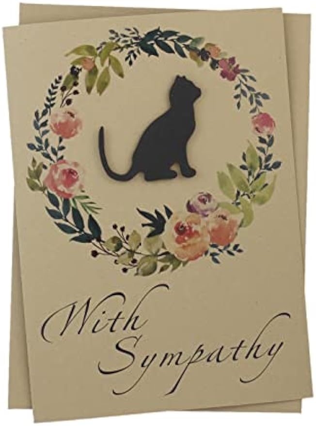 Black Cat Floral Wreath Sympathy Card | Handmade 5x7 Pet Condolences Greeting | Kraft Brown Watercolor Wreath