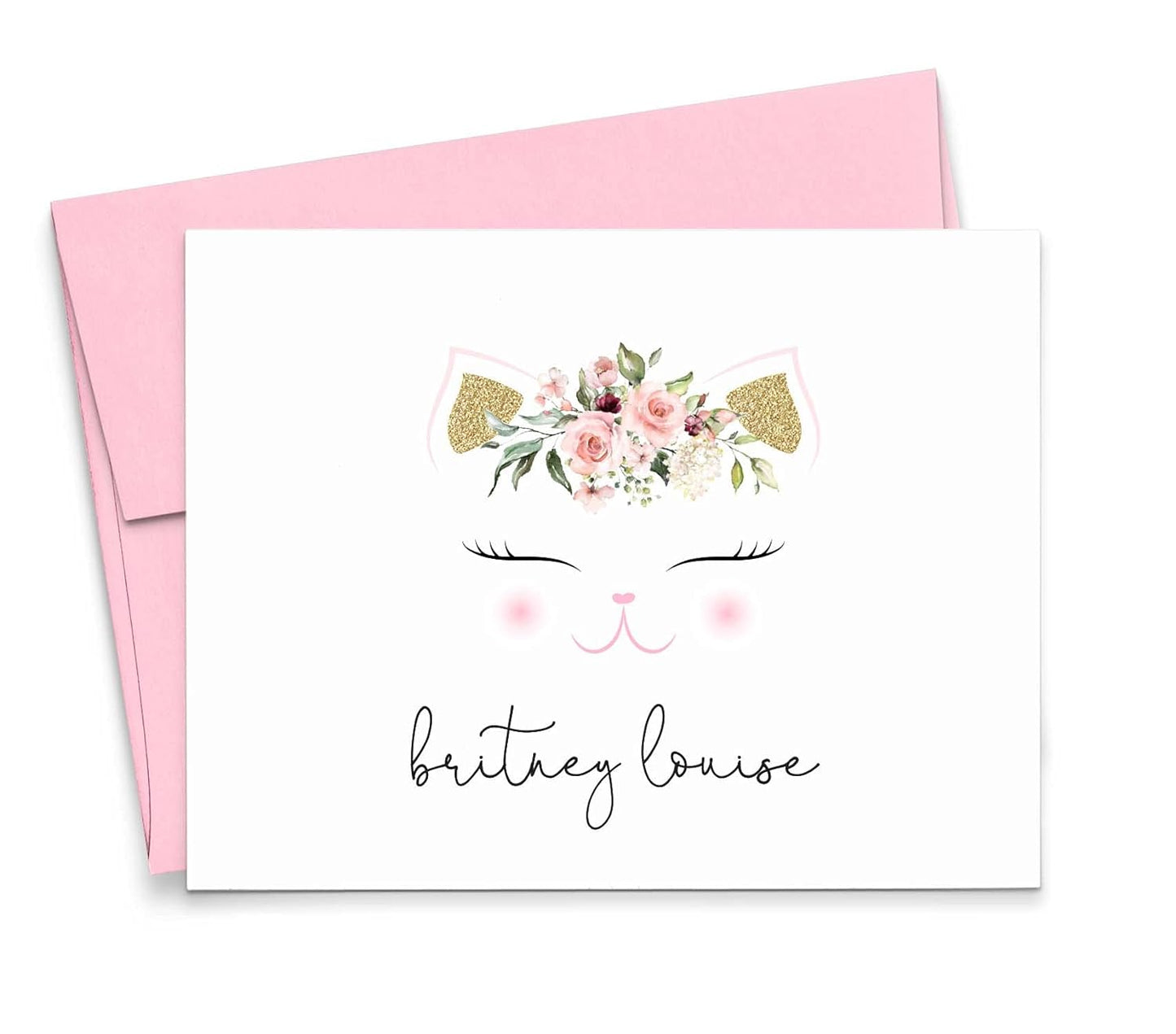 Personalized Cat Stationary for Girls FLORALS, Personalized Stationary Set for Kids, FOLDED Note Cards, Your Choice of Colors and Quantity