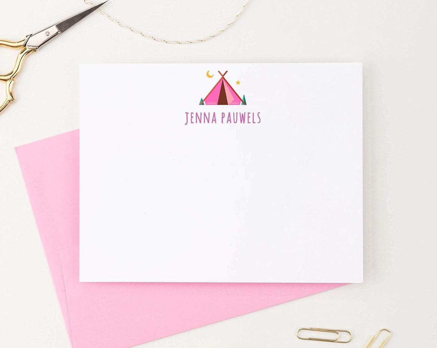 Cute Camp Personalized Stationery for Girls FLAT Note Cards with Tent Stationery for Girls Stationary with Envelopes Set, Personalized Note Cards for Girls, Your Choice of Colors and Quantity