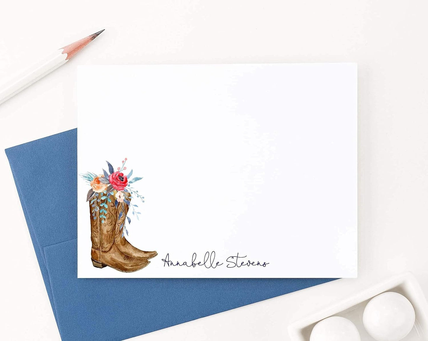 Cowboy Boots Personalized Stationery for Women, Personalized FLAT OR FOLDED Note Cards with Envelopes Set, TEXAS Personalized Stationary Note Cards with Envelopes Your Choice of Colors and Quantity