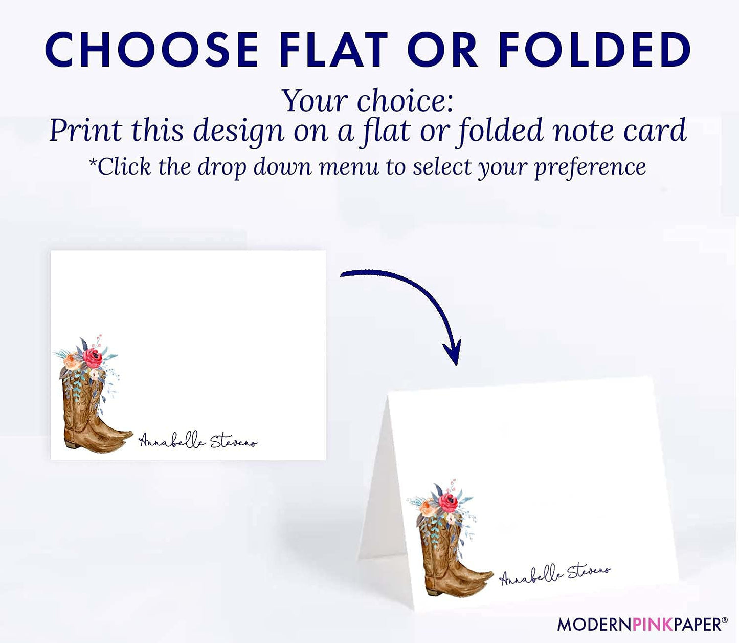Cowboy Boots Personalized Stationery for Women, Personalized FLAT OR FOLDED Note Cards with Envelopes Set, TEXAS Personalized Stationary Note Cards with Envelopes Your Choice of Colors and Quantity