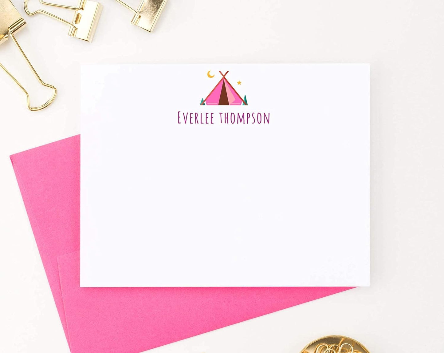 Cute Camp Personalized Stationery for Girls FLAT Note Cards with Tent Stationery for Girls Stationary with Envelopes Set, Personalized Note Cards for Girls, Your Choice of Colors and Quantity