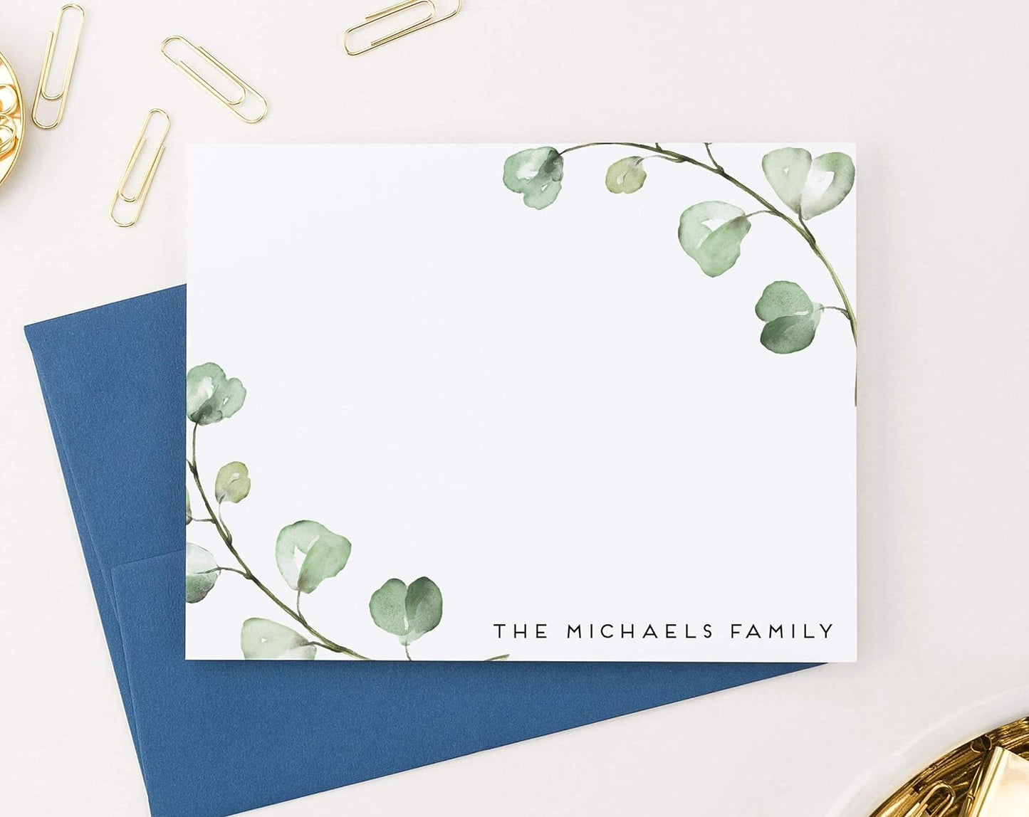 Greenery Personalized Family Stationery Set FLAT NOTE CARDS, Modern Personalized Housewarming Gift Idea, Personalized Family Stationary for Watercolor Greenery, Your Choice of Colors and Quantity