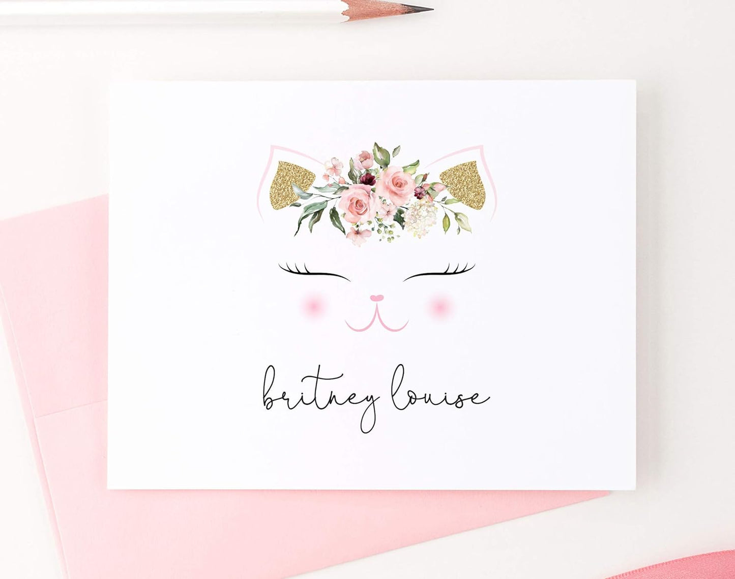 Personalized Cat Stationary for Girls FLORALS, Personalized Stationary Set for Kids, FOLDED Note Cards, Your Choice of Colors and Quantity