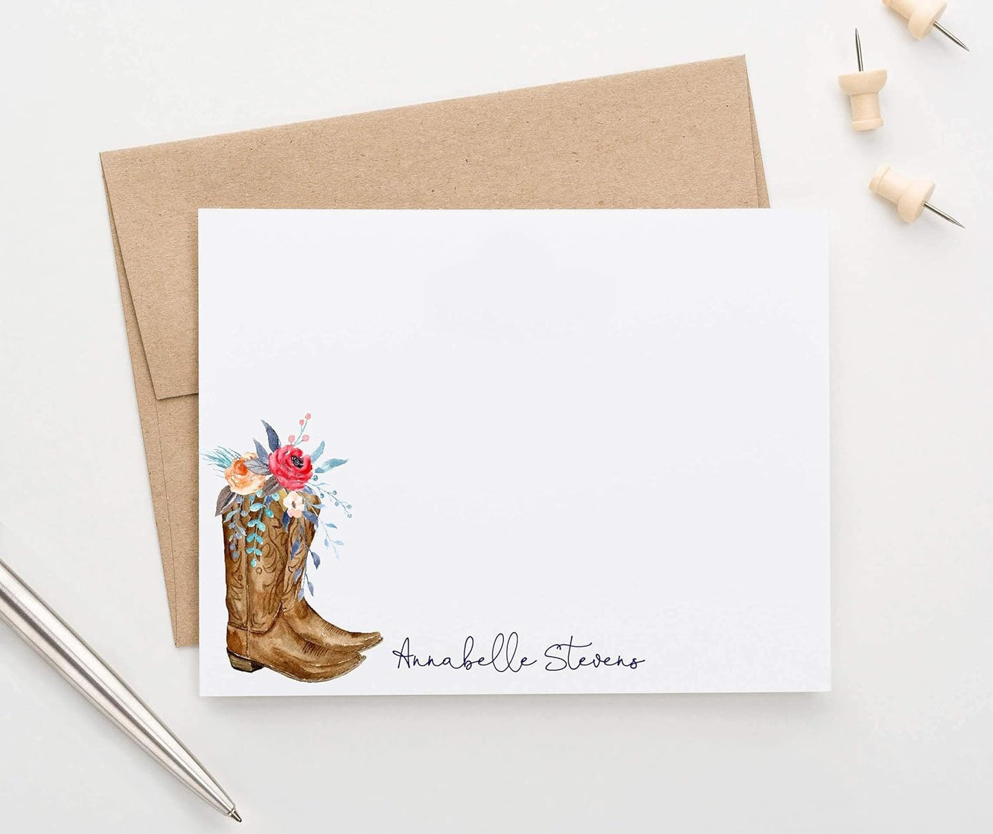 Cowboy Boots Personalized Stationery for Women, Personalized FLAT OR FOLDED Note Cards with Envelopes Set, TEXAS Personalized Stationary Note Cards with Envelopes Your Choice of Colors and Quantity