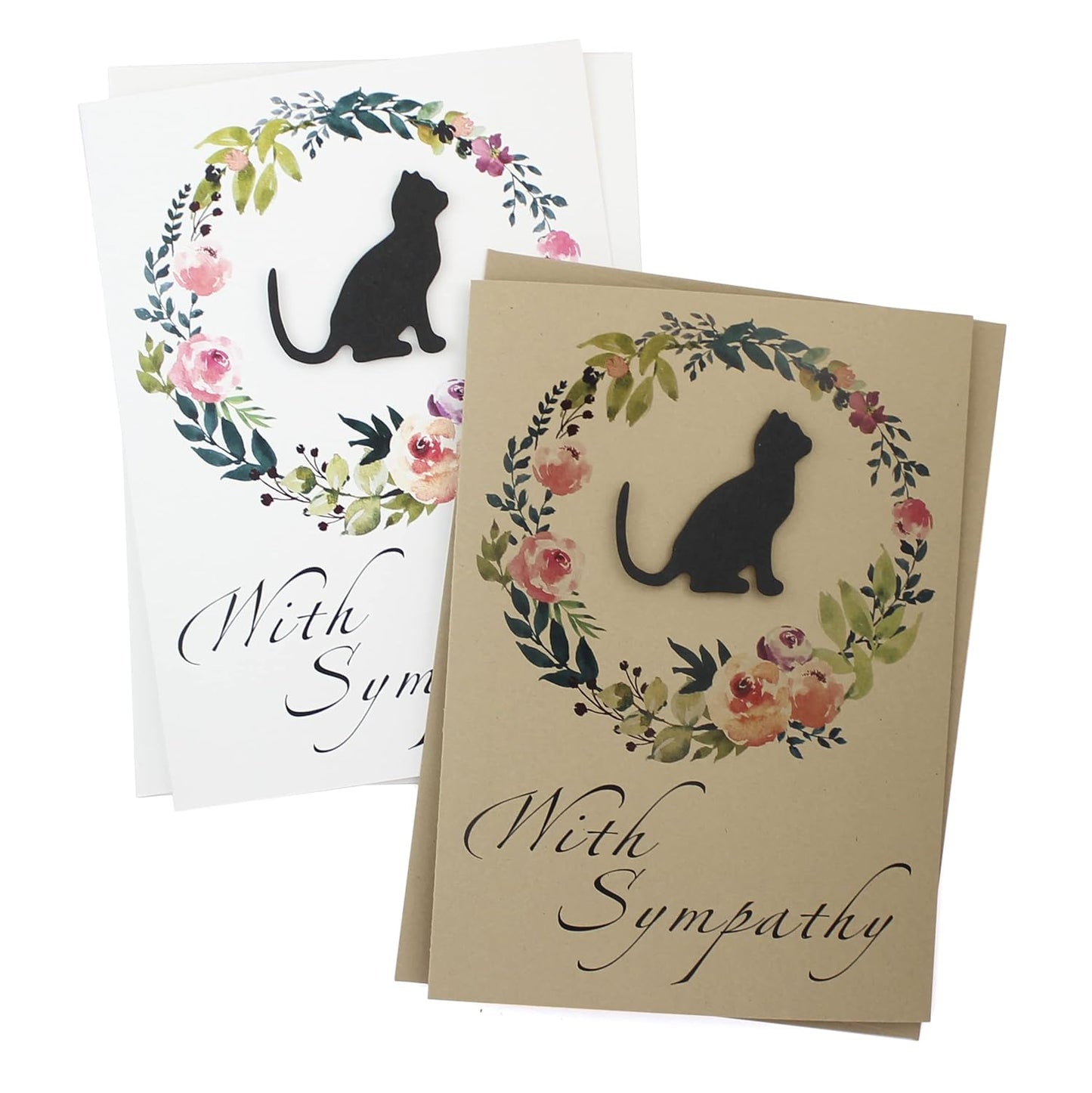 Black Cat Floral Wreath Sympathy Card | Handmade 5x7 Pet Condolences Greeting | Kraft Brown Watercolor Wreath
