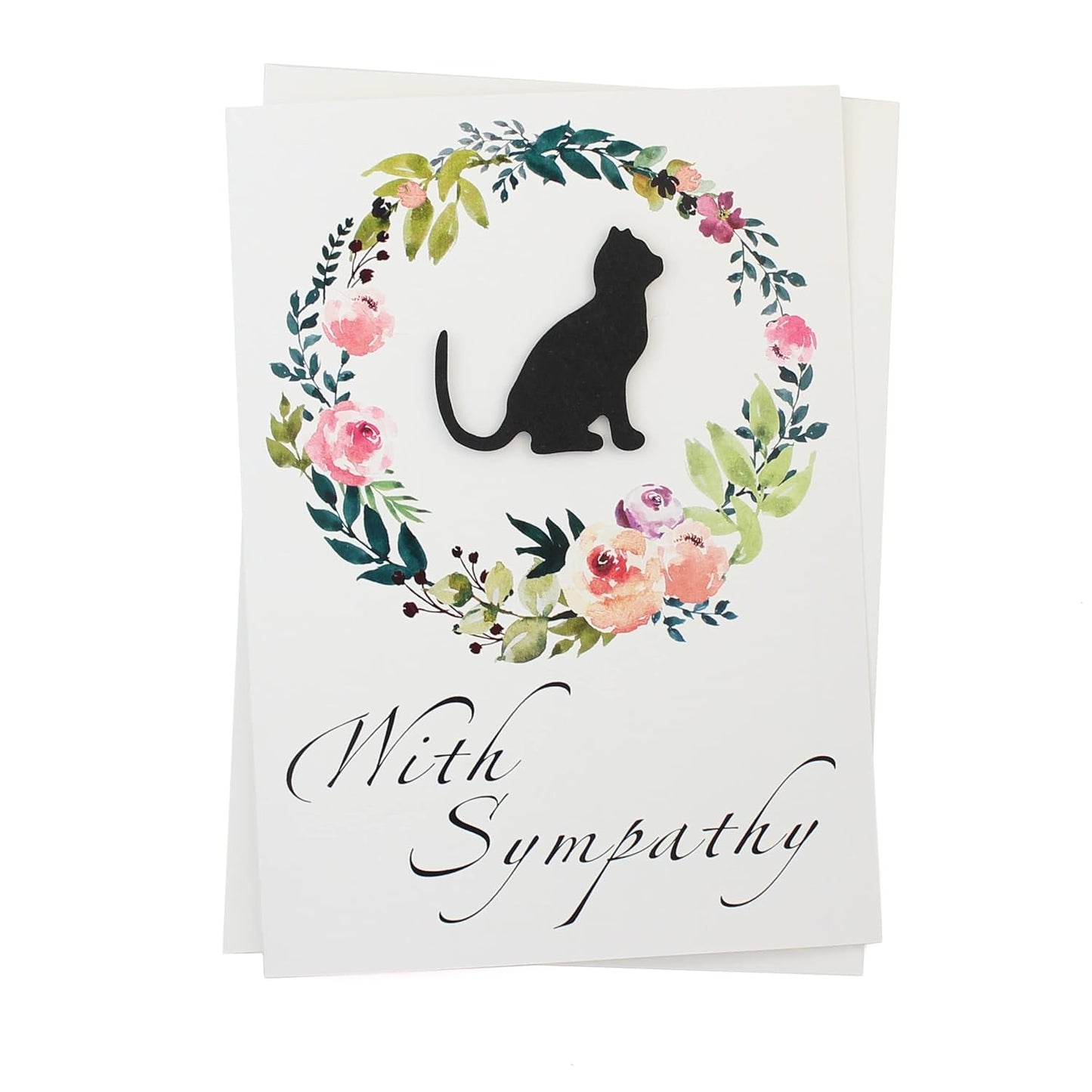 Black Cat Floral Wreath Sympathy Card | Handmade 5x7 Pet Condolences Greeting | Kraft Brown Watercolor Wreath