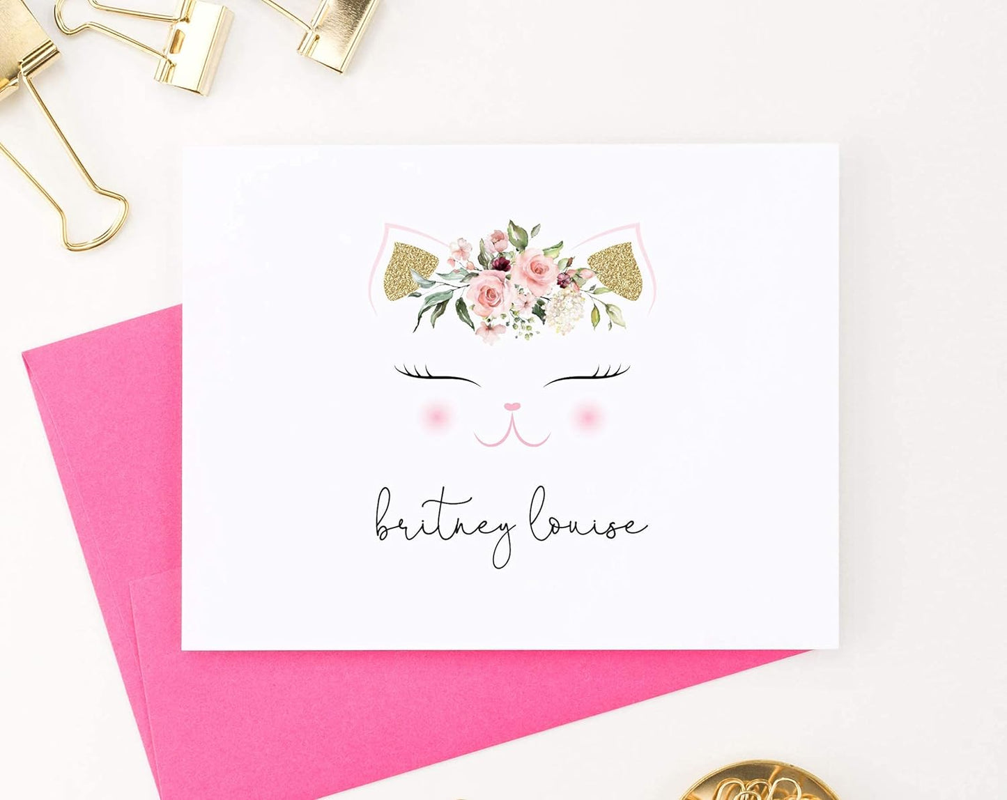 Personalized Cat Stationary for Girls FLORALS, Personalized Stationary Set for Kids, FOLDED Note Cards, Your Choice of Colors and Quantity