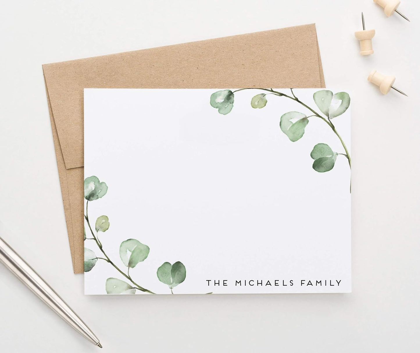 Greenery Personalized Family Stationery Set FLAT NOTE CARDS, Modern Personalized Housewarming Gift Idea, Personalized Family Stationary for Watercolor Greenery, Your Choice of Colors and Quantity