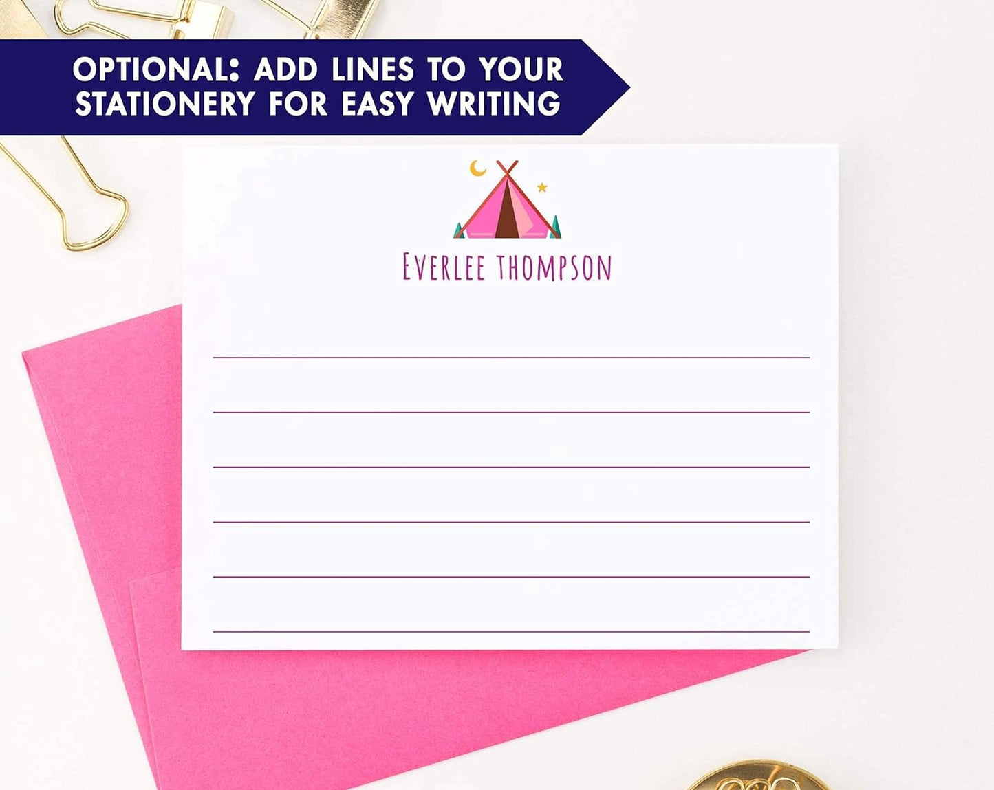 Cute Camp Personalized Stationery for Girls FLAT Note Cards with Tent Stationery for Girls Stationary with Envelopes Set, Personalized Note Cards for Girls, Your Choice of Colors and Quantity