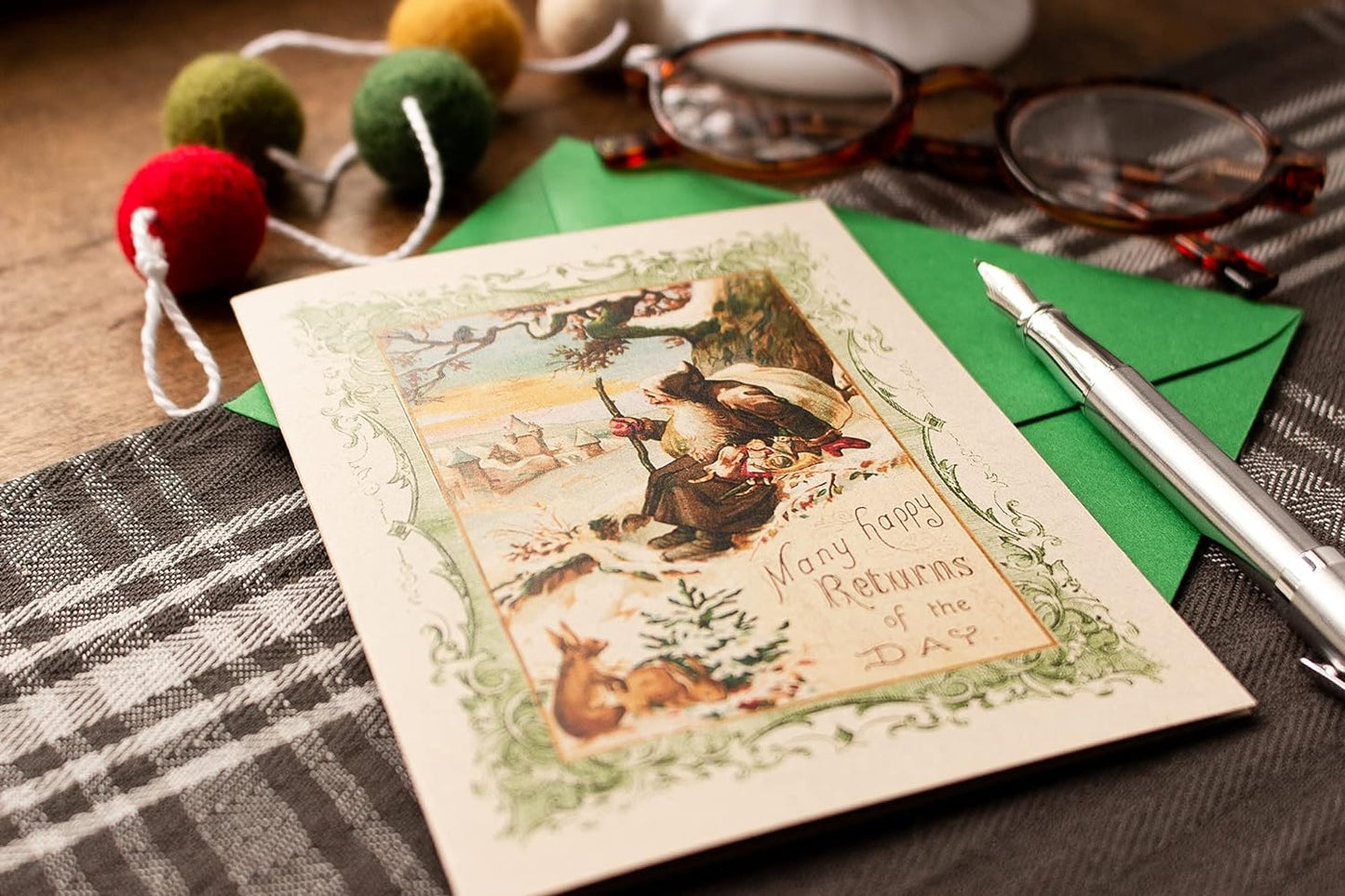 Christmas Cards Boxed Set, Woodland Santa Claus with Bunny, 8 Rustic Holiday Notecards with Envelopes, Blank Inside