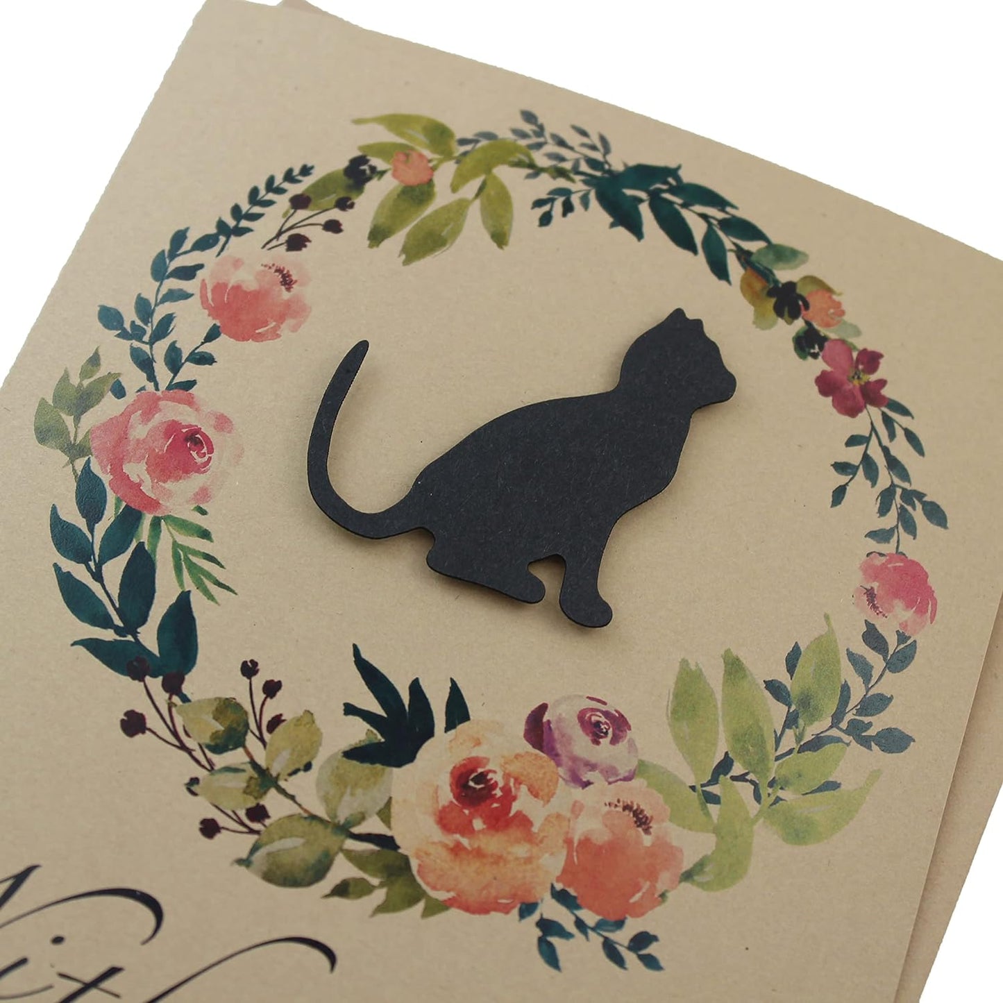 Black Cat Floral Wreath Sympathy Card | Handmade 5x7 Pet Condolences Greeting | Kraft Brown Watercolor Wreath