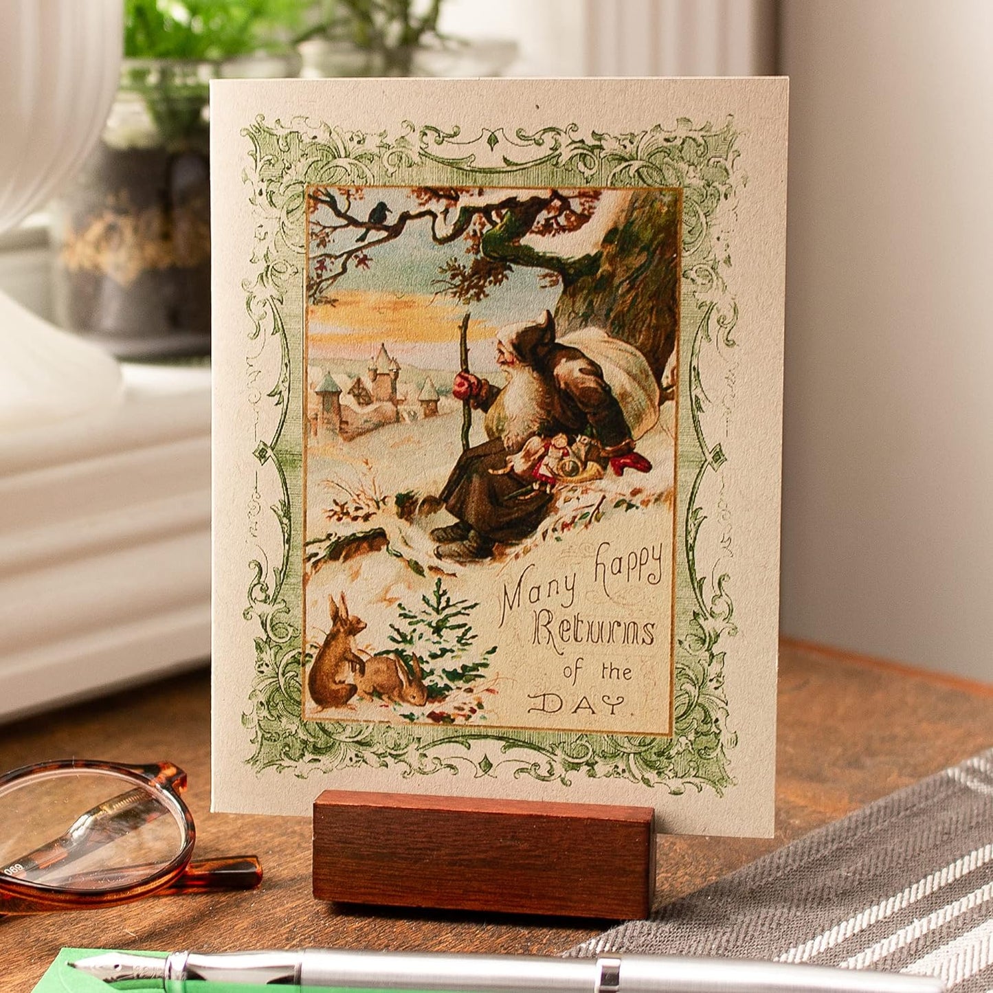 Christmas Cards Boxed Set, Woodland Santa Claus with Bunny, 8 Rustic Holiday Notecards with Envelopes, Blank Inside