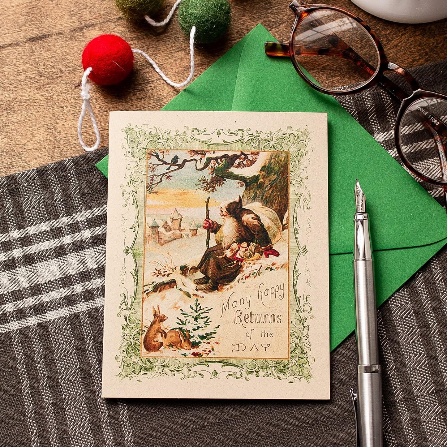 Christmas Cards Boxed Set, Woodland Santa Claus with Bunny, 8 Rustic Holiday Notecards with Envelopes, Blank Inside
