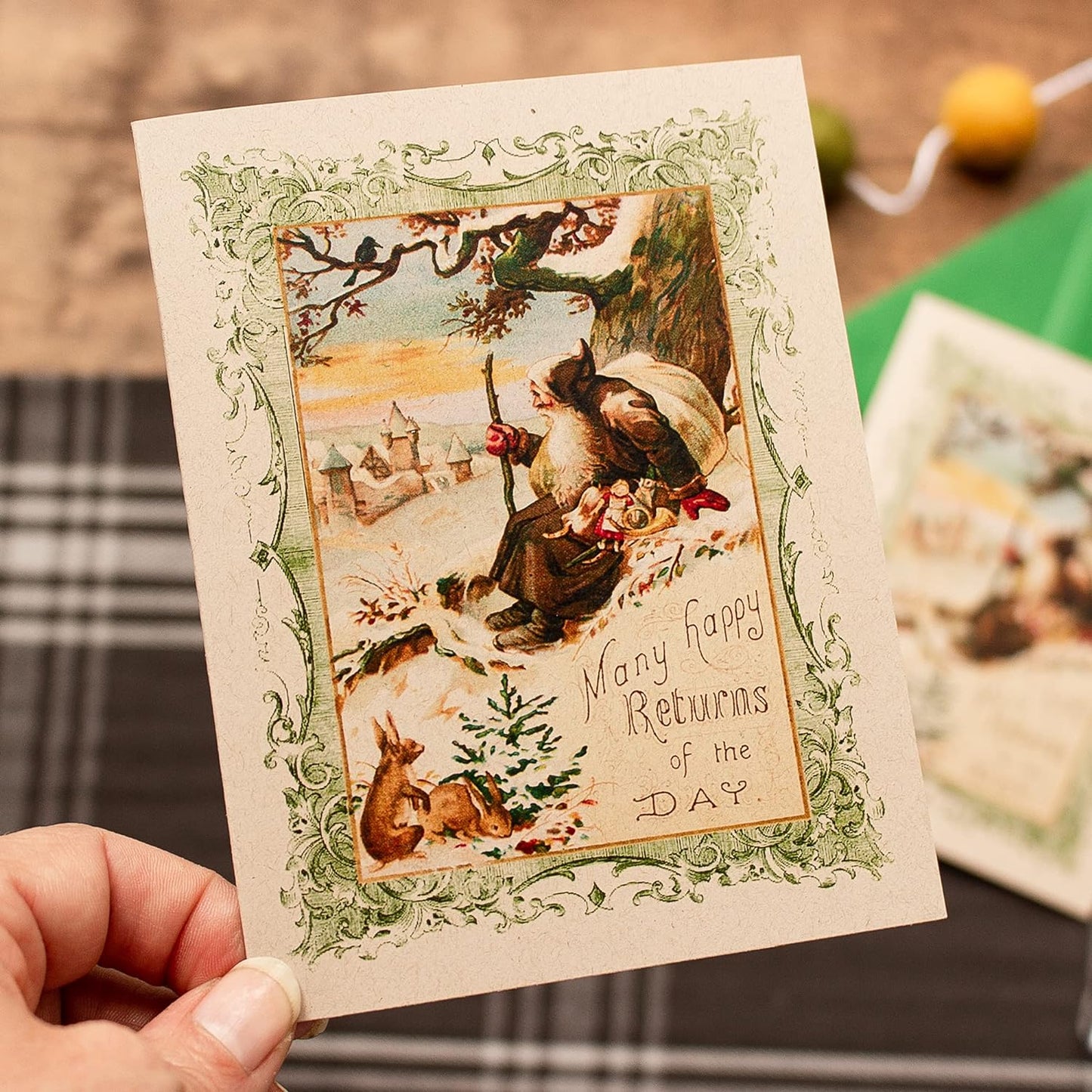 Christmas Cards Boxed Set, Woodland Santa Claus with Bunny, 8 Rustic Holiday Notecards with Envelopes, Blank Inside