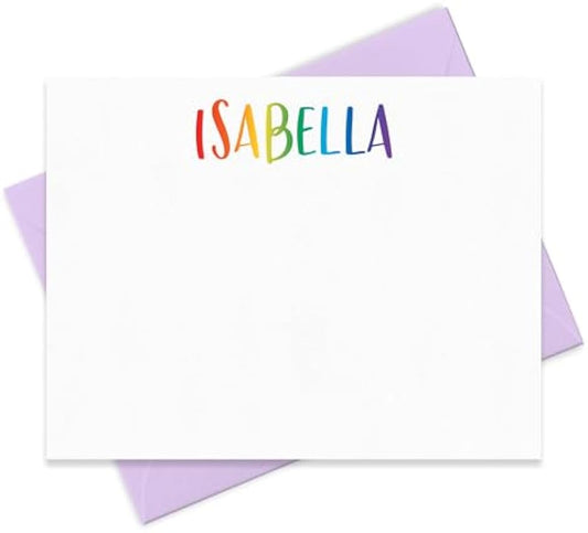 Personalized Stationary Note Card and Envelope Set for Children with Name in Bright Rainbow Colors, Stationery for Kids, Choose Set Size and Envelope Color | Fairmont & Grove Paper Co.
