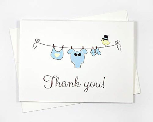 12 ct Baby Boy Shower Thank You Cards, Bay Shower Thank You Cards, Clothesline Boys (Baby4)