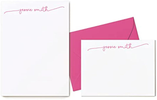Personalized Stationery BUNDLE - Flat Cards, Envelopes and Notepad - Women Girls Family or Couple, Stationary Set - SWASH SCRIPT 2-SET
