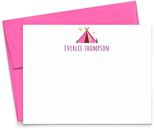 Cute Camp Personalized Stationery for Girls FLAT Note Cards with Tent Stationery for Girls Stationary with Envelopes Set, Personalized Note Cards for Girls, Your Choice of Colors and Quantity