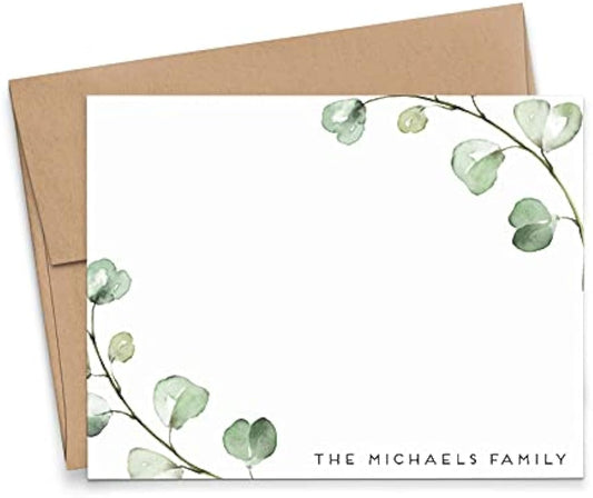 Greenery Personalized Family Stationery Set FLAT NOTE CARDS, Modern Personalized Housewarming Gift Idea, Personalized Family Stationary for Watercolor Greenery, Your Choice of Colors and Quantity