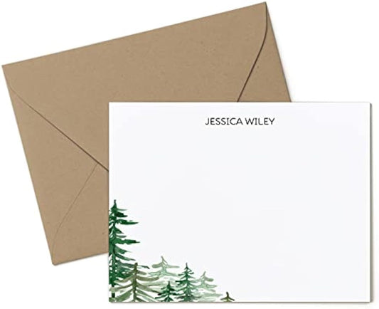Personalized Forest Stationery Set with Envelopes - Pine Tree Mountain Notecards for Men, Women, Home or Family - Rustic Correspondence, Custom Thank You Notes, Housewarming Gift - Forest Flat Cards