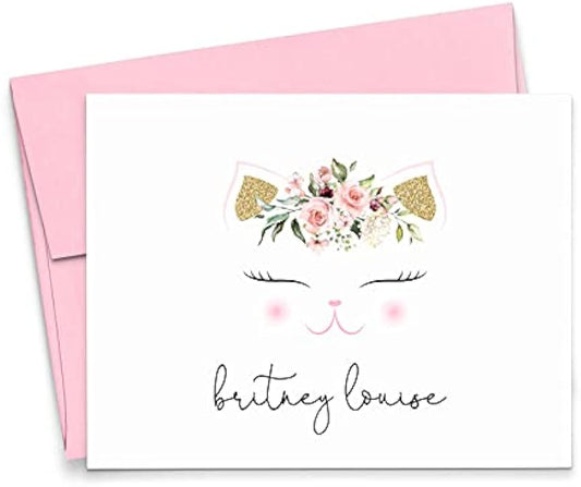 Personalized Cat Stationary for Girls FLORALS, Personalized Stationary Set for Kids, FOLDED Note Cards, Your Choice of Colors and Quantity
