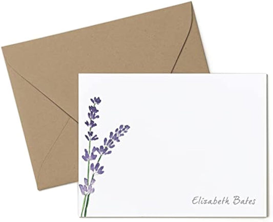 Lavender Personalized Purple Flower Plant Stationery for Women, Stationary Note Card Set - LAVENDER FLAT