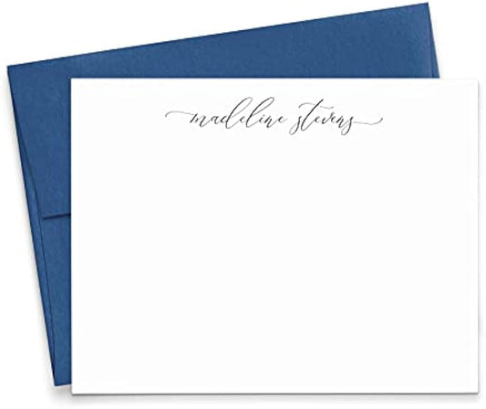 Personalized Stationery for Women, Modern FLAT Note Cards with Envelopes, Calligraphy Style, Your Choice of Colors and Quantity