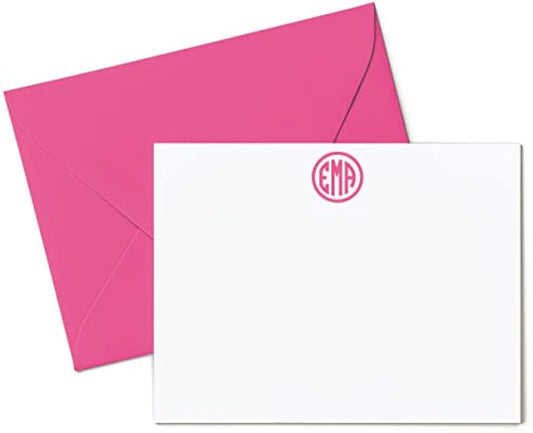 Three Letter Monogram Personalized FLAT Note Cards with Envelopes Stationery, Preppy Circle Initials - PREPPY MONOGRAM FLAT