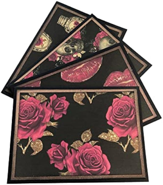 Gothic Romance Valentine's Day Card Set - Mini Skull and Roses Notecard Pack - Metal Rock Stationery