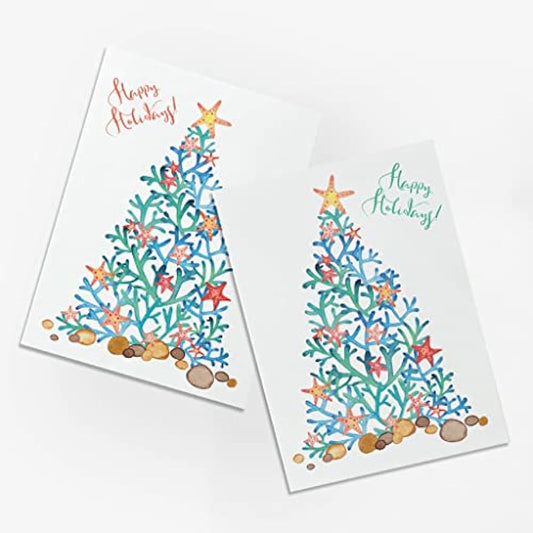 Ritzy Rose 24 Ocean Christmas Tree Cards in 2 Colorful Beach Illustrations + Envelopes