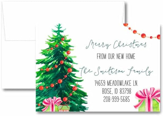 Personalized Christmas Tree Holiday Moving Announcement, Merry Christmas from Our New Home We've Moved Greeting Stationery, Change of Address Cards with Envelopes, Holiday Tree We Moved Cards