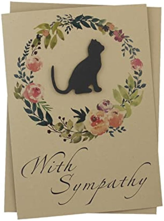 Black Cat Floral Wreath Sympathy Card | Handmade 5x7 Pet Condolences Greeting | Kraft Brown Watercolor Wreath