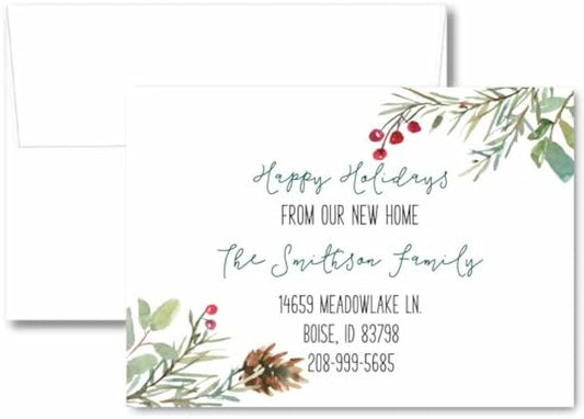 Holiday Moving Announcement, Christmas We Moved Cards, Greenery Personalized We've Moved Stationery, Change of Address Announcements with Envelopes, Happy Holidays from our New Home Greeting Cards