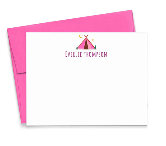 Cute Camp Personalized Stationery for Girls FLAT Note Cards with Tent Stationery for Girls Stationary with Envelopes Set, Personalized Note Cards for Girls, Your Choice of Colors and Quantity