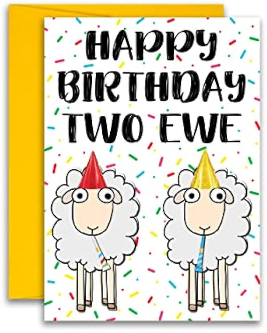 Funny Birthday Happy Birthday Two Ewe Sheep Greeting Card Pun Card Kids Birthday Card 5x7 inches w/Envelope