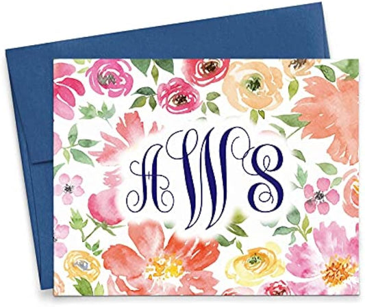 Watercolor Floral Monogram Stationary Set FOLDED NOTE CARDS, Floral Monogrammed Stationary Set with Envelopes, Personalized Monogram Stationery Set, Your Choice of Colors and Quantity