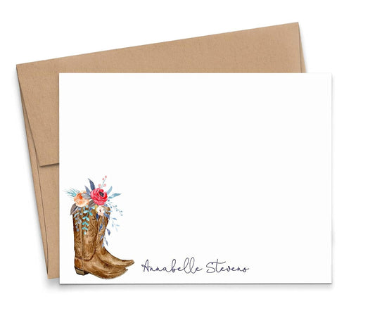 Cowboy Boots Personalized Stationery for Women, Personalized FLAT OR FOLDED Note Cards with Envelopes Set, TEXAS Personalized Stationary Note Cards with Envelopes Your Choice of Colors and Quantity