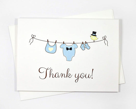 12 ct Baby Boy Shower Thank You Cards, Bay Shower Thank You Cards, Clothesline Boys (Baby4)