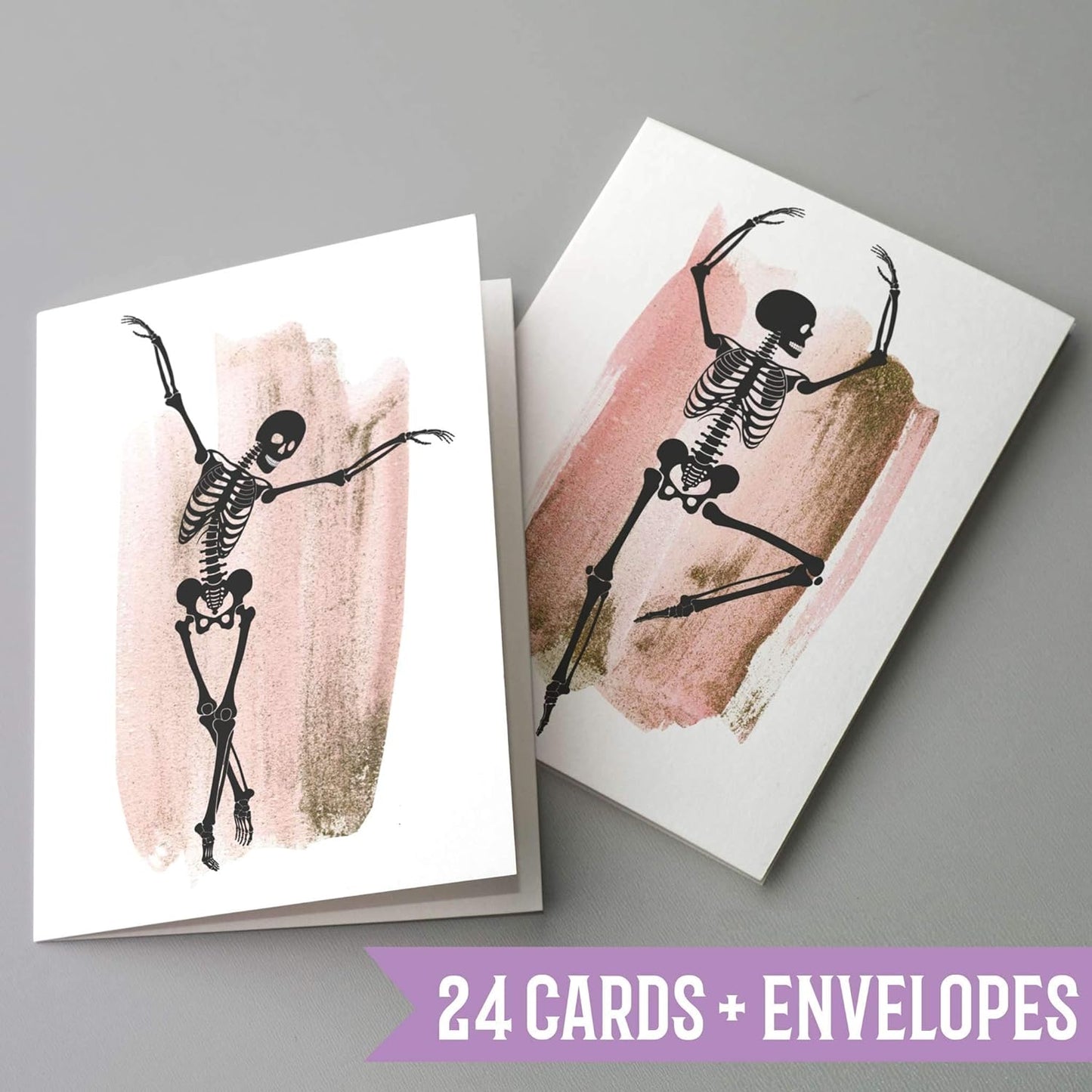 24 Dancing Skeleton Cards Girly Halloween Greeting Cards | Bulk Set Blank Inside w/Envelopes | Blush Pink Dead Ballerina Stationery Printed in the USA by RitzyRose (Dancing Skeleton)